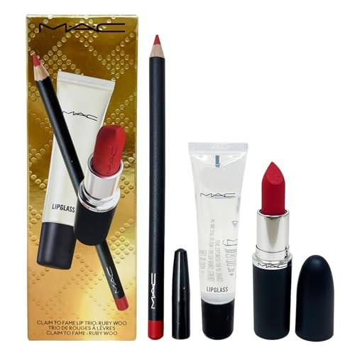 M.A.C - Ruby Woo - Cosmetics Claim To Fame Lip Trio:- Lip Pencil Lipstick & Lipglass